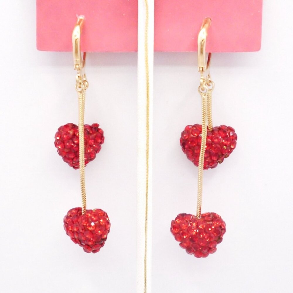 Betsey Johnson Heart Earrings Red Rhinestone Dangles NOC 2 1/8" Perfect M1643 - Picture 2 of 2